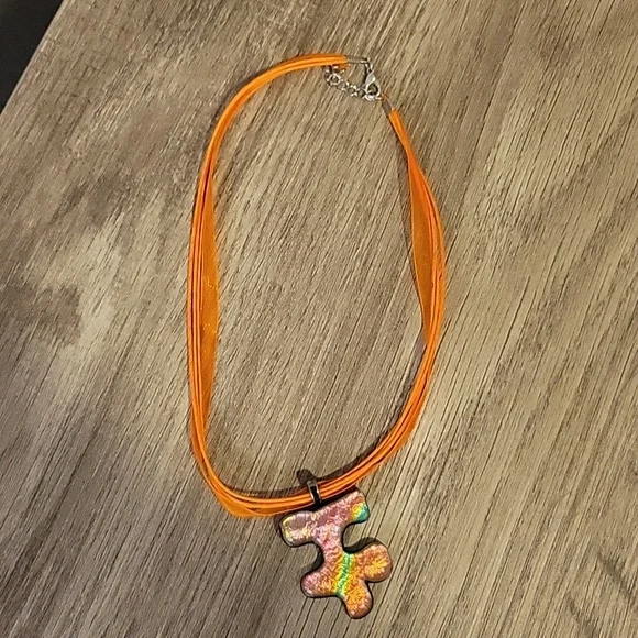 Autism Awareness Orange Multi Fused Glass Handmade Artisan Puzzle Pendant - Picture 3 of 7